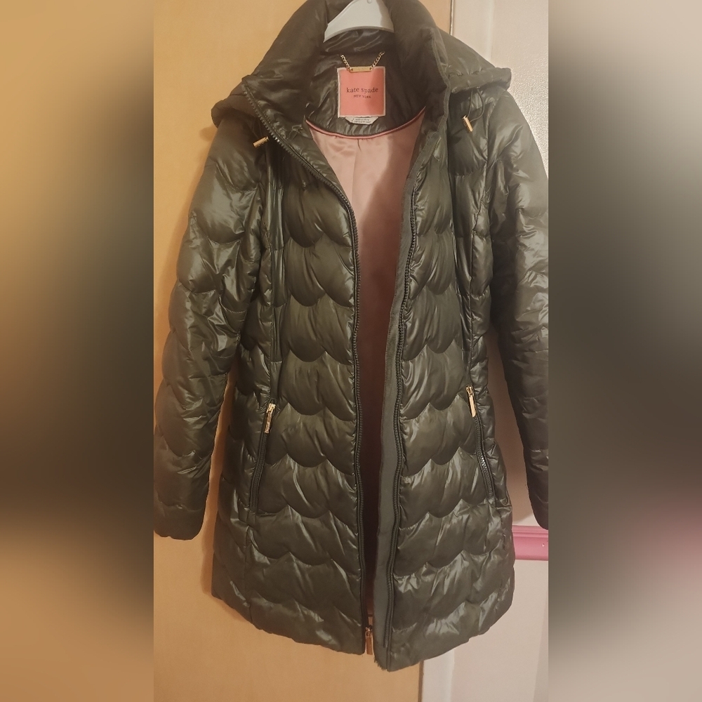 Kate spades olive green color with light pink,long, puffer winter jacket size S